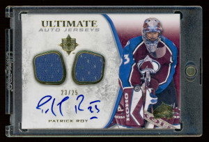PATRICK ROY 2010-11 ULTIMATE COLLECTION HOCKEY - ULTIMATE AUTO JERSEYS GAME USED BLUE INK ON CARD AUTOGRAPH SERIAL TO /25 AVS front